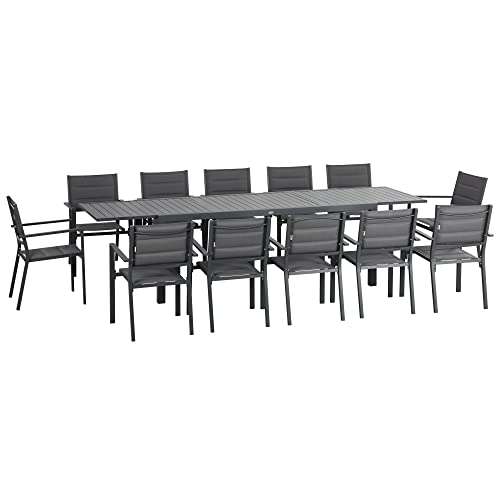 Outsunny Salon de Jardin en Aluminium et textilène Table Extensible 8/12 Personnes - 12 chaises empilables - Gris