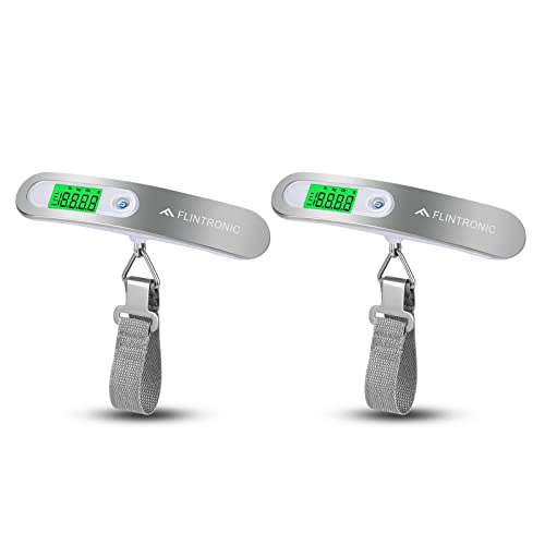 Flintronic 2PCS Escala del Equipaje, Digital Balanza Báscula de Equipaje Portátil, Colgar Pesado Escala de Viaje, Balanza de Pesaje de Maleta Pantalla LCD Retroiluminación, Max Peso 110lb/50kg-Plata