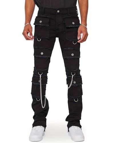 Men's Slim Fit Stretch Cargo Jeans Ripped Skinny Jeans for Men, High Waisted Stacked Straight Leg Denim Pants Fashion Trouser