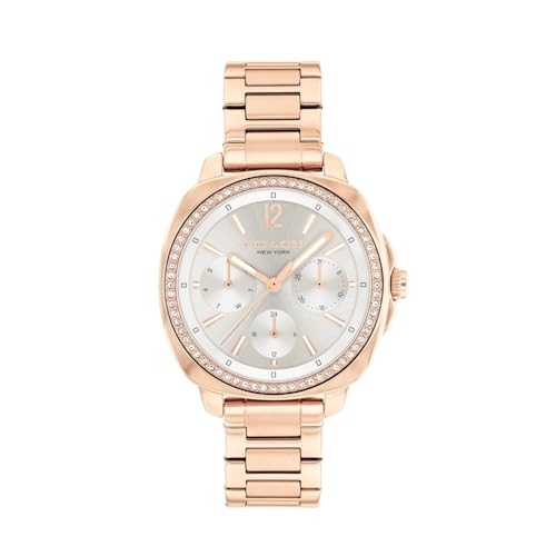 Image of Coach Kitt Qtz Multifunction Grey Tonneau Dial Women's Watch|Ionic Plated Rose Gold Steel Material|Rose Gold Color Band - 14504395