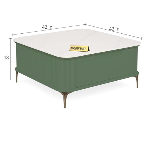 Image of WOODEN SPACE Premium Solo Marble-Top Wooden Center Table for Living Room | Iron Legs | PVD Coating | Modern Entryway Furniture | Coffee Table (Light Green)