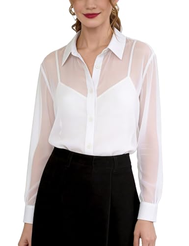 Rousytn Sheer Tops for Women Long Sleeve Button Down Shirt Sexy See Through Trendy Elegant Chiffon Blouse Tunic Tops White M