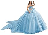 TRHTX Butterfly Light Blue Quinceanera Dresses with Long Bow Lace Appliques Ball Gown Puffy Spaghetti Straps Lace 15 Dresses for Quinceanera with Train 4