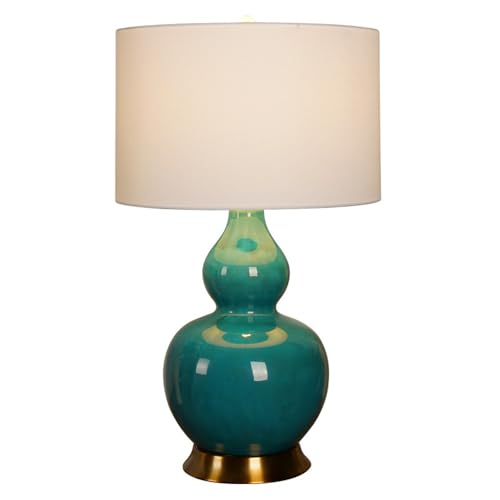 SQUSMAY Jingdezhen Porcelain Table Lamps for Living Room, Coastal Ceramic Table Lamps for Nightstand, Farmhouse Desk Lamps for Bedroom,Drum Shaped Fabric Lampshade Table Lamps