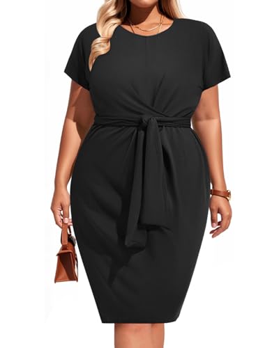 Image of Pinup Fashion Plus Size Dresses for Women Wedding Guest Short Sleeve Tie Front Waist Belted Pencil Work Knee Dress