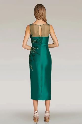 Satin Formal Cocktail Dress Tea Length Crew Neck Sleeveless Mother of The Bride Dresses for Women with Lace Appliqué3