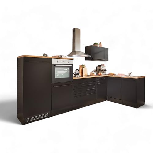 Stella Trading Jazz 4 Moderne Eckküche mit Elektrogeräten in Schwarz matt, Lanzelot Eiche Optik - Geräumige Küchenzeile in L-Form mit viel Stauraum - 320 x 200 x 60 cm (B/H/T)
