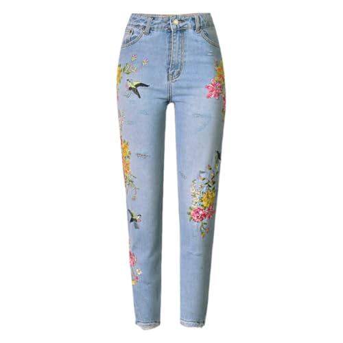 Womens Vintage High Waist Floral Embroidered Straight Jeans Cropped Ankle Length Denim Pants