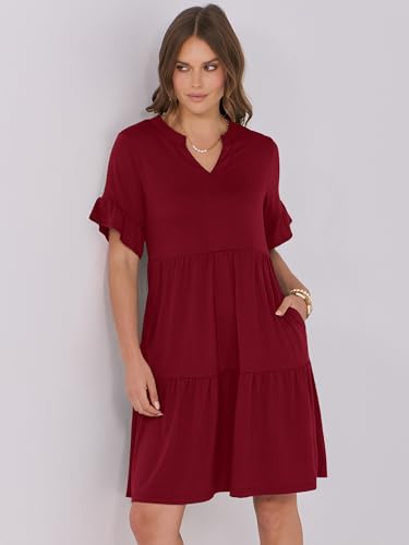 Image of ANRABESS Women's Summer Casual Dress, V-Neck Ruffle Sleeve Tiered Mini Dress, Soft Comfy Fabric with Pockets for All-Day Wear