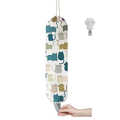 Vulken Distributeur de sacs d'épicerie en plastique, 55,9 x 22,9 cm, pour sacs de courses, sacs de recyclage, avec crochets métalliques liés au thème. Chats Morandi Cover