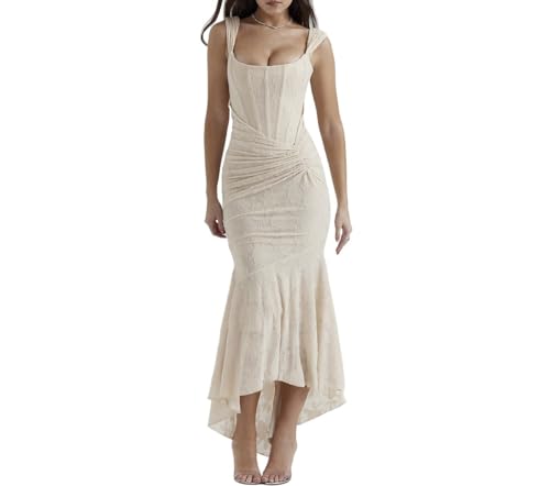 AskmAn New Lace Fishbone Suspender Skirt Slim Fit Hip-Hugging Fishtail Dress French Skirt for Women (Color : Beige, Size : Large)