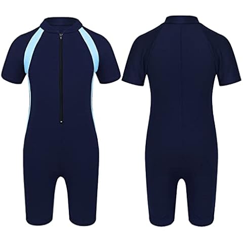 Aislor Kids Boys Girls Zip Rash Guard Swimsuit Shorty Wetsuit Short Sleeve Sun Protection UPF 50+ Swimming Costume Navy Blue 6-8 Years Cover