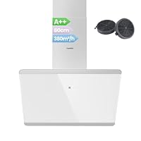 COMFEE' CH60J64ET4A2W A++ Dunstabzugshaube 60 cm, Kopffreihaube 60cm Umluft und Abluft, 380m³/h Luftstrom, Edelstahl/Glas Design mit Touchscreen, LED, Abzugshaube inkl. Kohlefilter, Weiß