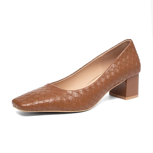 NEWBELLA Women’s Patent Square Toe Pumps - Low Chunky Block