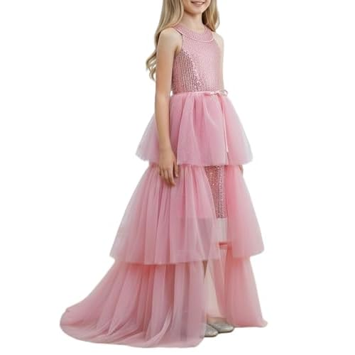 Girls Sequin Dress Halter Formal Pageant Prom Party Graduation Dress with Three Layer Mesh Size 5-14Y Pink 7 Years