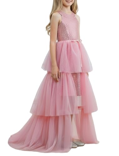 Girls Sequin Dress Halter Formal Pageant Prom Party Graduation Dress with Three Layer Mesh Size 5-14Y