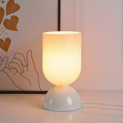 8.9″ Modern Glass Table Lamp for Living Room, Dimmable Desk Lamps for Bedroom, UL Listed Nightstand Lamp with Dome Base, End Table Lamps for Home, Side Tables, College Dorm, Office, Glossy White