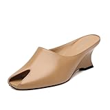 WAYDERNS Beige Wedges Sandals for Women Peep Toe Wedge Heels Womens High Heel Sandals Square Toe Heeled Wedges Sandals Slip on Wedge Mules Open Toe Dress Heels Size 9.5