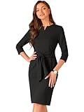 Allegra K Vestido elegante e informal para mujer, con lazo frontal, cuello y manga al codo, para oficina, negocios, Negro, XL