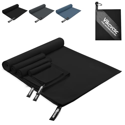 Vikcvcsc Set di 4 Asciugamani Microfibra,180x80cm+2pcs 80x40cm+40x30cm Asciugamano Palestra,Telo Mare Microfibra Ultraleggero per Viaggio,Asciugatura Rapida Asciugamano Microfibra per Spiaggia(Nero)