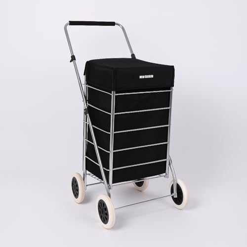 4 Wheels 60L litre Lightweight Shopping Grocery Trolley With Insulated Cooler Bag Travel Folding Cart Luggage Waterproof Cooling Bag Hard Wearing & Foldaway for Easy Storage (BLACK)