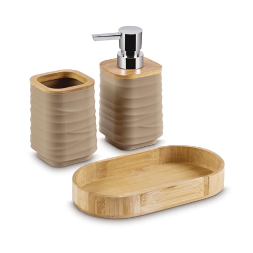 Image of Freelance Portofino ABS Bathroom Accessories Set of 3, Cappuccino- Liquid Handwash Soap Dispenser, Tumbler, Tray - Plastic Set for Wash Basin - Stronger Than Ceramic