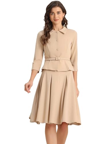 Allegra K Damen Business Rock Anzug Sets 2-Teilige Outfits Büro Langarm Blazer Jacke Faltenröcke Khaki S