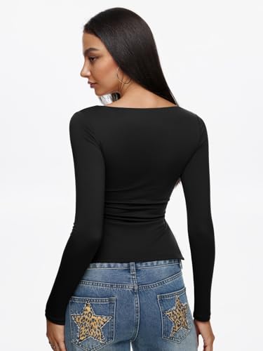 REORIA Long Sleeve Shirts for Women Square Neck Going Out Side Slit Tshirts 2025 Cute Y2k Tees Fall Trendy Tops4