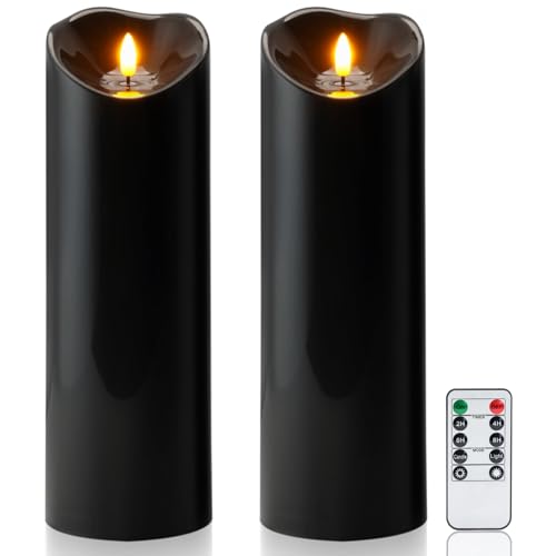 Image of Homemory 4 inchx12 inch Black Flameless Candles, Halloween Candles, Outdoor Waterproof Flameless Candles with Remote and Timers, Gothic, Battery Operated LED Pillar Candles, Won't Melt Plastic, 2Pack