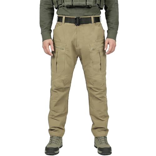 LUDEY Mens Hiking Cargo Pants Elastic Waist Ripstop Work Tactical Pants Water Resistant Outdoor Sweatpants with 8 Pockets-Khaki XL