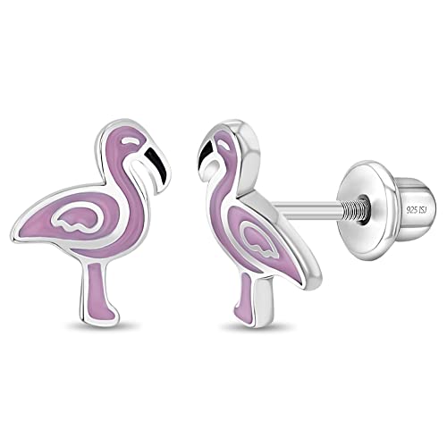 925 Sterling Silver Pink Enamel Fancy Flamingo Screw Back Earrings For Toddlers & Little Girls - Adorable & Bright Colored Zoo Animal Earrings For Young Girls - Colorful Animal Accessories For Girls