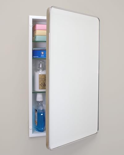 Image of 16x26 Austin Farmhouse Metal Framed Rounded Rectangle Recessed Bathroom Medicine Cabinet, Beveled Mirror, 14x24 in-Wall Opening, powder-coated Steel, Adjustable Glass Shelves, Magnet Close, Chrome
