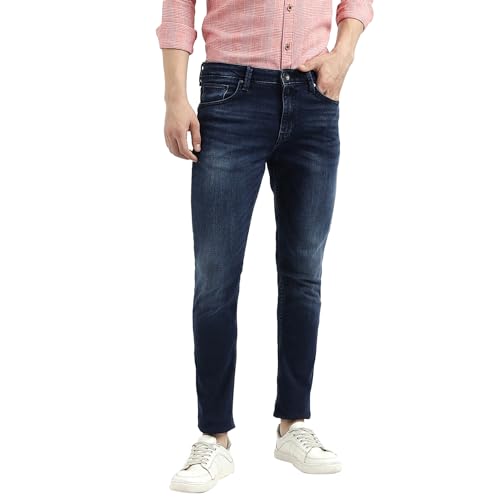 Image of UNITED COLORS OF BENETTON Men's Mid Rise Slim Fit Tapered Dark Wash Jeans