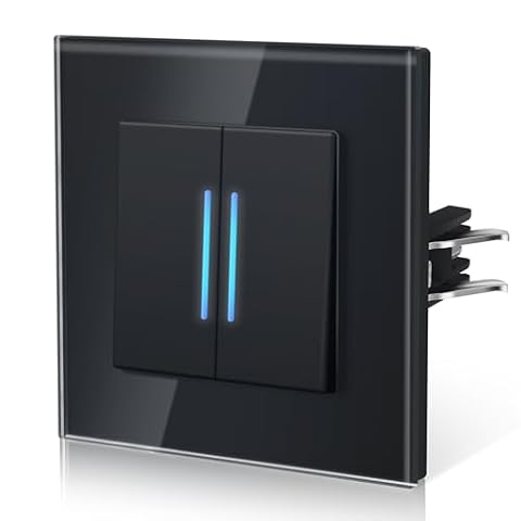 BSEED włącznik ścienny, Niebieskie podświetlenie LED,Panel ze szkła hartowanego, Nowoczesny design i elegancki wygląd, Zacisk szybkomontażowy, Podwójny włącznik szeregowy, Czarny
