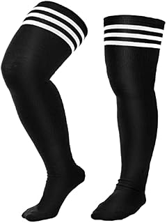 Geyoga Striped over Knee High Socks Women's Ladies Referee Stripe over the Knee Thigh High stockings Black and White Long Thigh Sock Plus Size High Stockings for Girl and Women