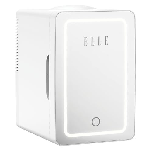 Image of ELLE 6L Mini Cooler Fridge with LED Makeup Mirror for Skincare & Cosmetic Storage Cooler & Warmer Removable Shelf Carrying Handle AC DC Power Options Small Refrigerator for Bedroom Car Office White