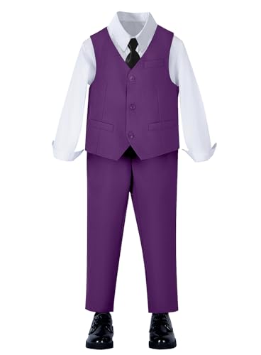 Image of YuanLu Toddler Boys Formal Suits Set,Vest Pants Dress Shirt and Tie for Kids Boy Wedding Ring Bearer Oufit