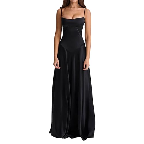 OULIWANGLUO Damen Neckholder Tüll Lange Abendkleid Wrap Chest Hochzeit Cocktailkleid Sexy Elegant Partykleid MaxiKleid (Schwarz1,S)