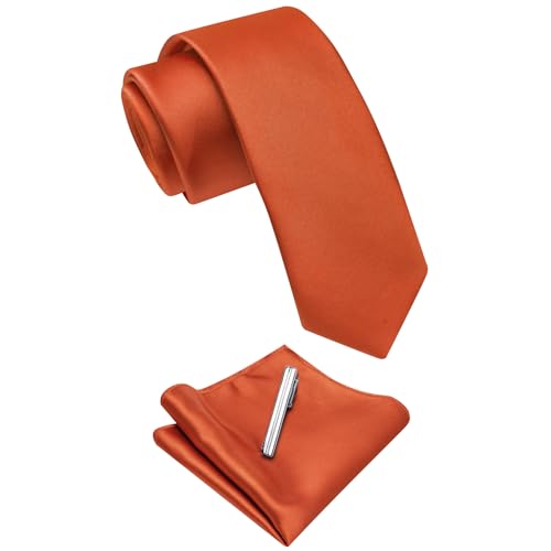 Image of YourTies Skinny Ties for Men Satin 2.4 inch Slim Necktie with Pocket Square Tie Clip Set Solid Color Wedding Party Business