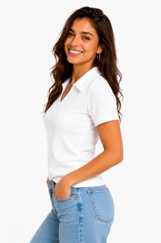 Image of Women's Ribbed V Neck Collared, Casual Short Sleeve Polo Top, Stretch Knit, Soft Lightweight Summer Basic Tee for Office, Work, Travel