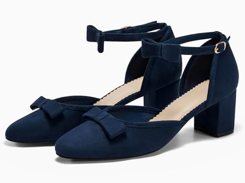 Coutgo Womens Chunky Low Heels Bow Closed Toe Ankle Strap Pumps Elegant Wedding Party Dress Shoes4