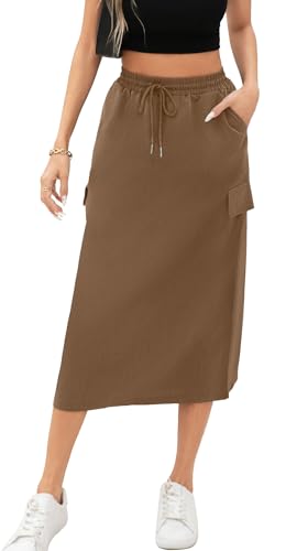 Women High Waisted Cargo Midi Skirt Trendy Summer Pencil Slit Dressy Casual Business Work Skirts(Medium, Khaki)