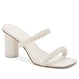 Guayonng Womens Chunky Heeled Sandals Pearl Strappy Open Square Toe Slip-on Block Heels Backless Mules Shoes