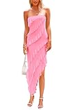 PRETTYGARDEN Summer Wedding Guest Dresses for Women 2025 Strapless Tube Ruffle Elegant Dinner Cocktail Long Dress (Light Pink,Large)