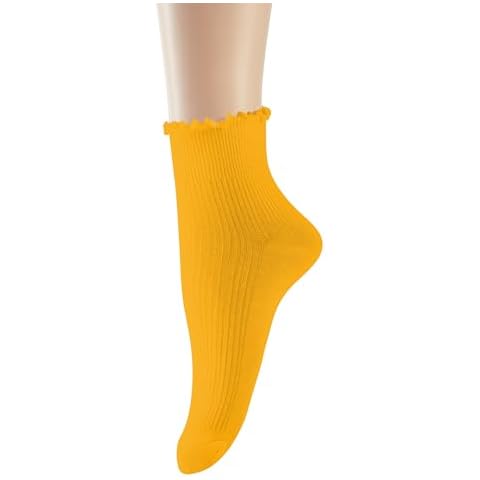 UTTPLL Womens-Ruffle-Turn-Cuff-Casual-Lettuce Socks Lovely Double Needle Ankle Boot Socks Athletic Soft Cotton Warm Cute Crew Frilly Sock Yellow One Size Cover