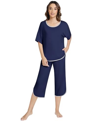 Image of NACHILA Women's Pajamas Sets Short Sleeve Sleepwear Soft Pjs Cool Loungewear with Capri Pants, Viscose made from Bamboo