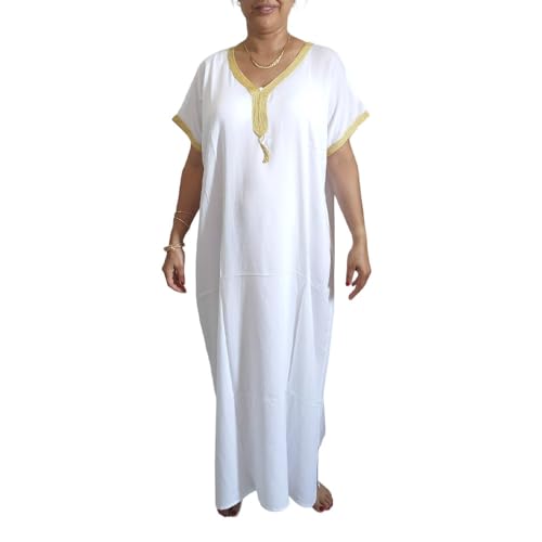 Robe longue d'été blanche d'exception avec broderie dorée artisanale en coton doux