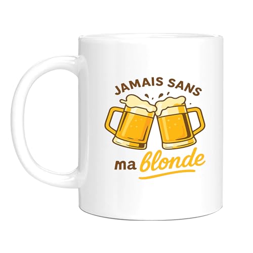 HALUMI Mug Jamais sans ma blonde Tasse Humour Bière Céramique Bicolore Rigolo Citation Cadeau Fêtes 330ml 440ml