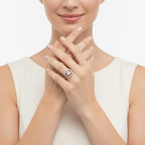 Image of Choose Your Gemstone Delicate Double Halo Diamond CZ Ring Rose Gold Plated Princess Shape Halo Engagement Rings Matching Jewelry Wedding Jewelry Easy to Wear Gifts US Size 4 to 12