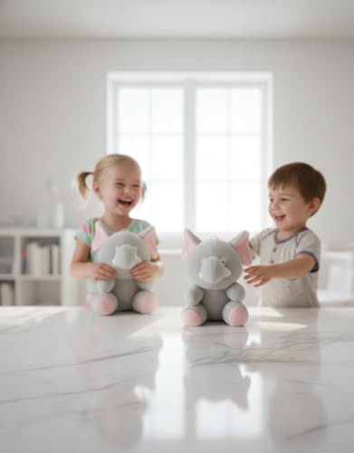 Image of Cute Elephant Plush Toy Pack of 2 | Super Soft Stuffed Elephants for Kids, Lightweight Soft Toys with Pink Ears for Birthdays (Color Will be Sent as per Availability in Stock)